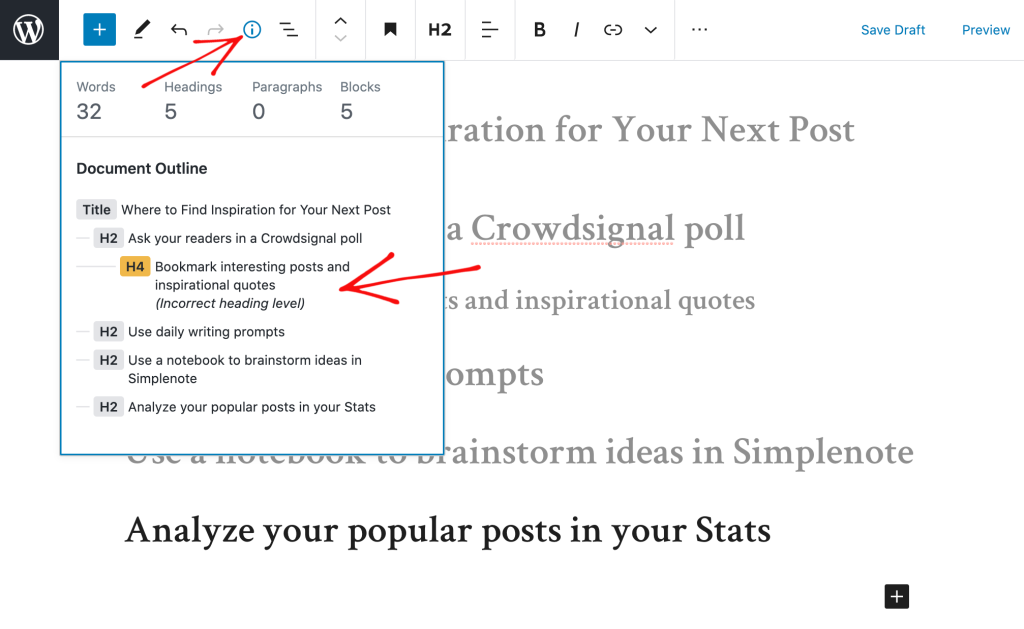 A popup box that appears in the block editor with information on headings and the structure of your post or page