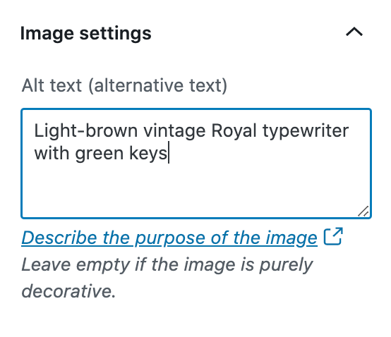 An example of image alt text written in the Alt Text field in the Image Block's settings