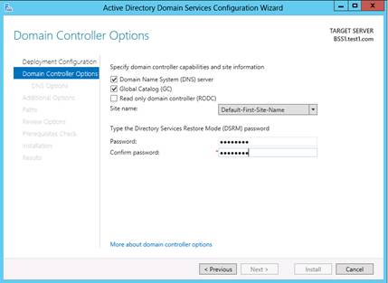 Domain Controller Options page