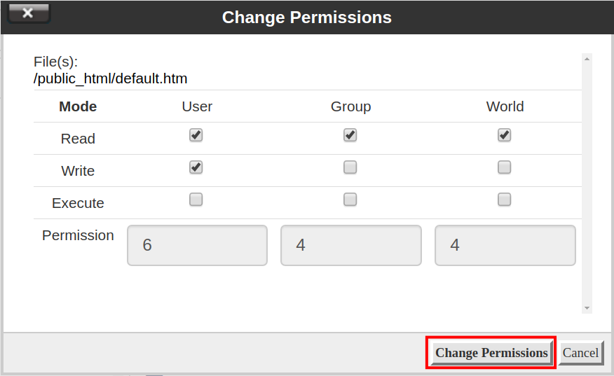 The Change Permissions box, which lets you change permissions after selecting a file or folder.