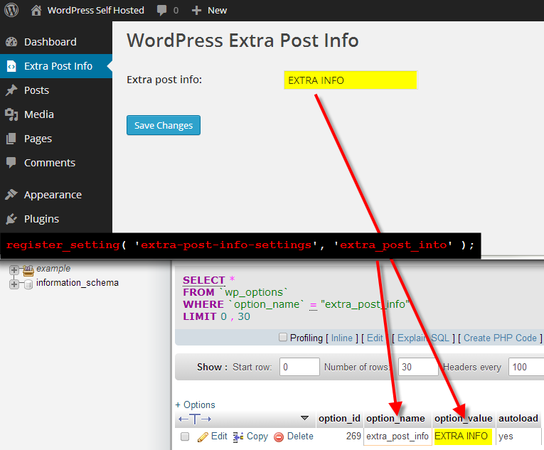 extra post info admin page register setting in database