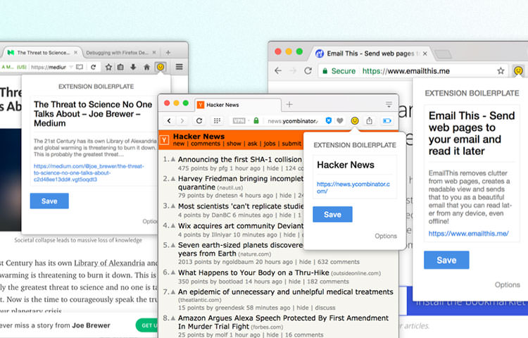 Example of browser extension UI on Chrome, Firefox, and Opera