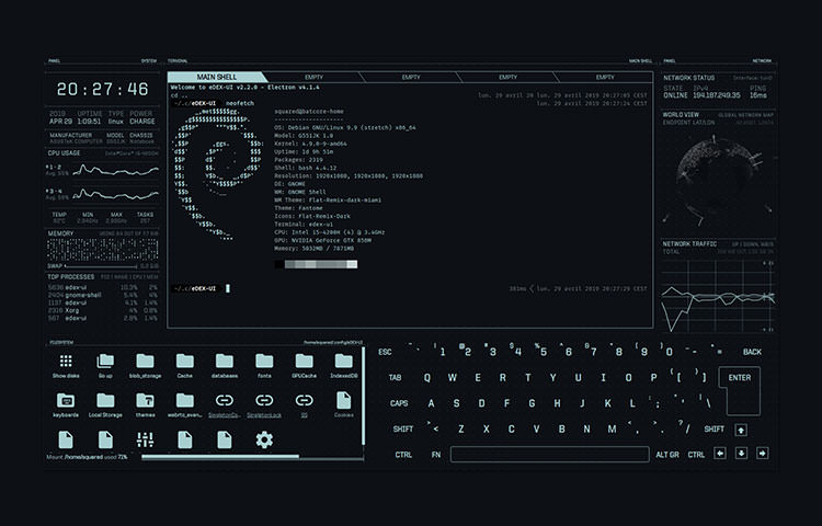 Dark interface with a clock, virutal folders and keyboard