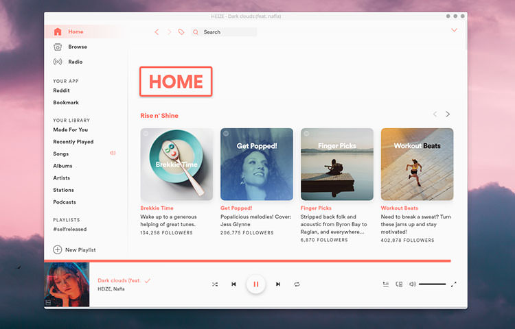 Custom Spotifify desktop application UI in white and orange color