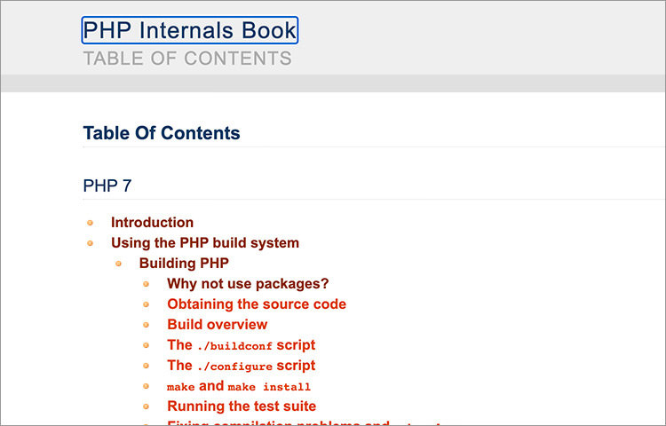 Table of Content of the PHP Internals