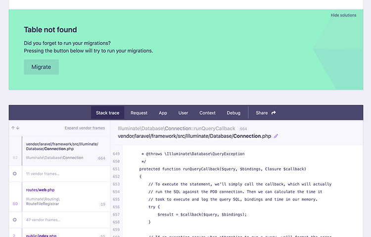 Ignition page showing error trace