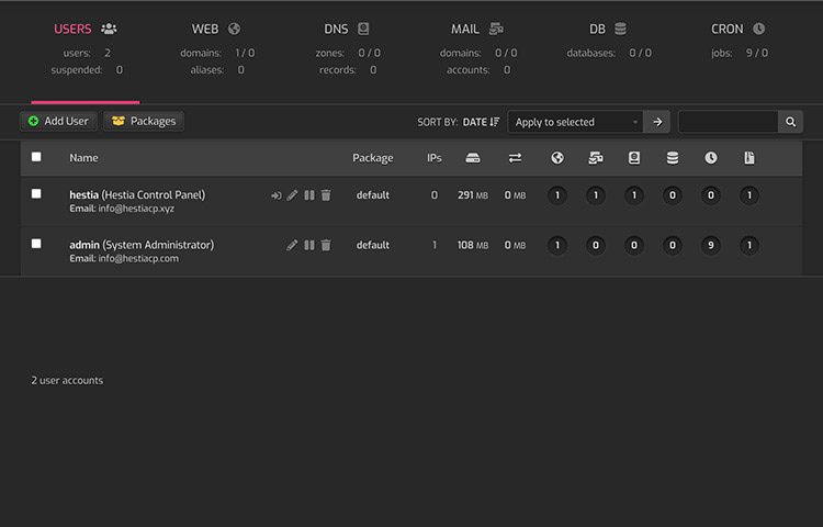 Hestia control panel interface