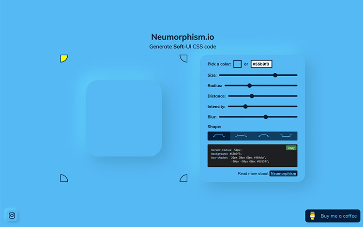Neumorphism.io website homepage in blue color