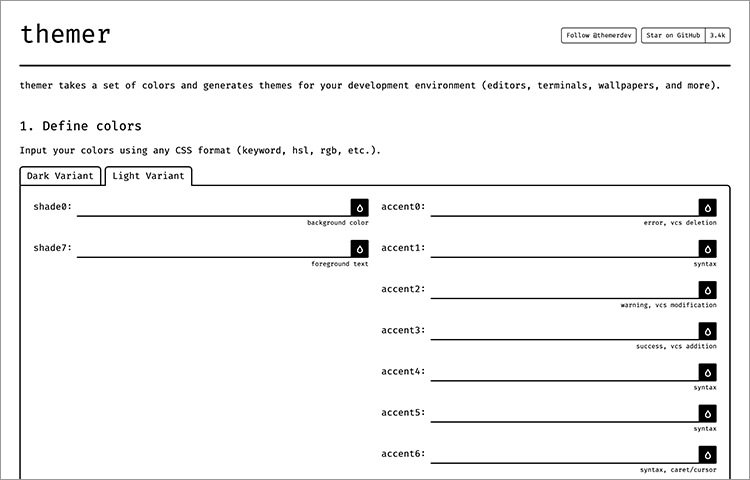 Inputs to define the theme colors