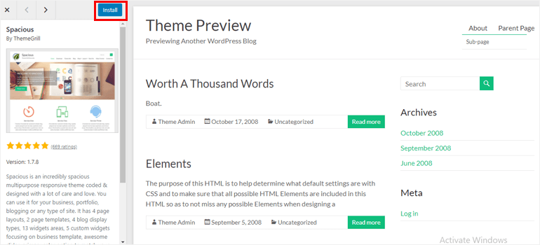 Install Theme from Preview Page