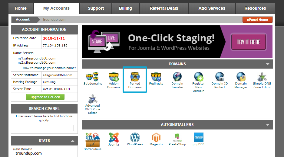 cPanel parked domains option