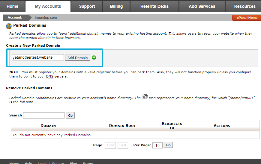cPanel parked domain