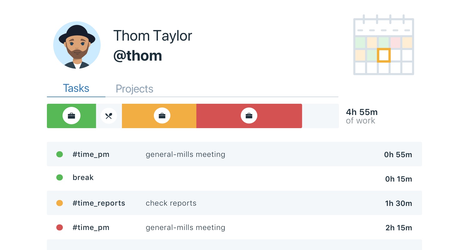 Timebot.chat example in Slack, showing time spent on tasks and projects