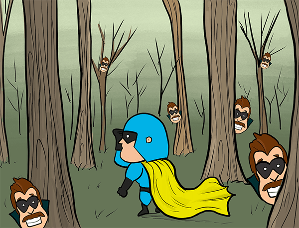 Cartoon - Devman searching through the forest as Hustle pops up everywhere.