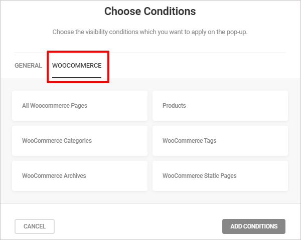 Hustle - WooCommerce visibility conditions.