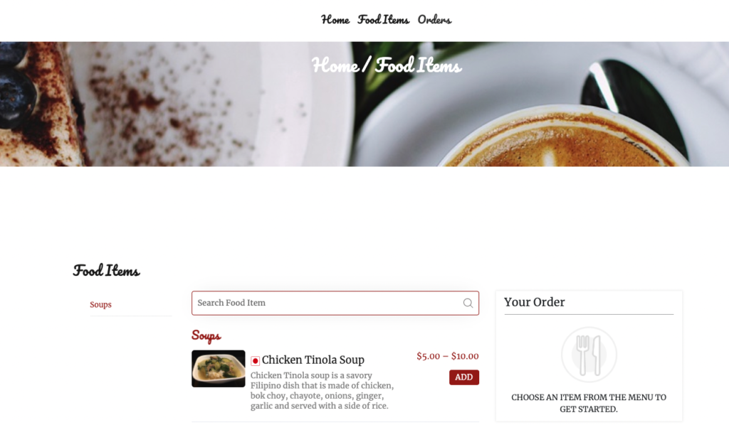example of food item added and shown in website front end