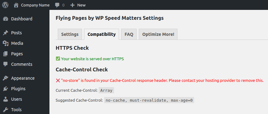 Cache Control Check for WordPress Flying Pages
