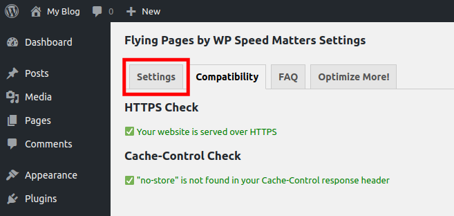 Access the Settings Tab for Flying Pages WordPress Plugin