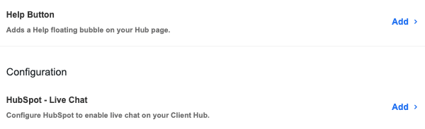 A screen showing how you can add a help button and live chat to your Hub page