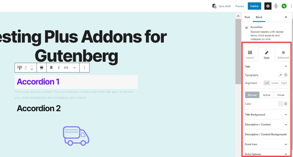 Style tab when editing the accordion in the Plus Addons for Gutenberg plugin