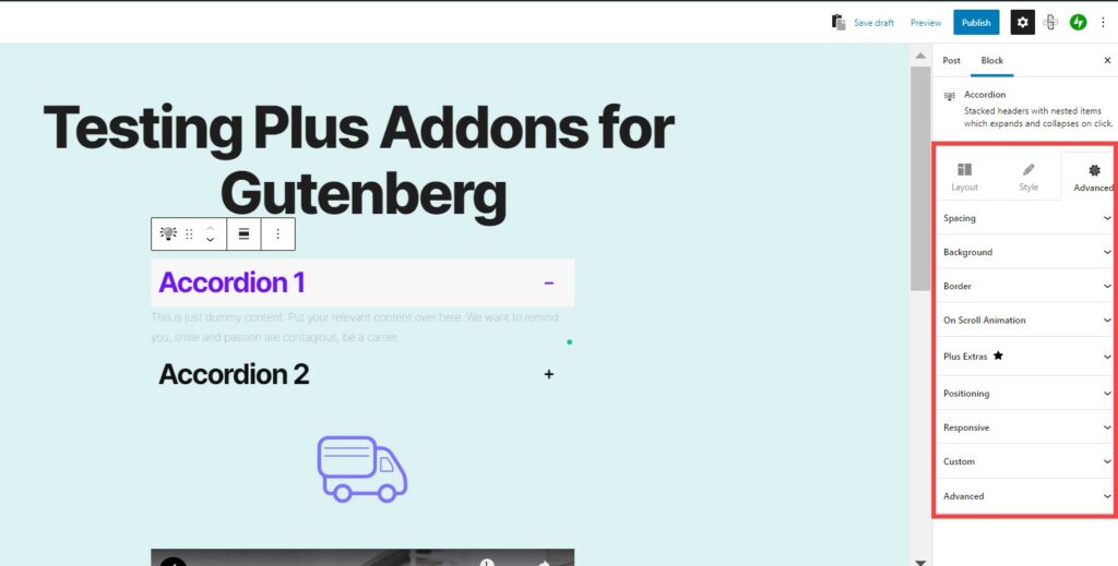 Advanced tab for the Plus Addons for Gutenberg plugin