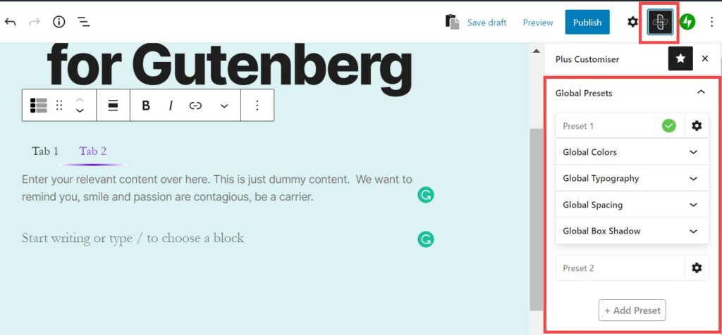 Global presets for the Plus Addons for Gutenberg plugin