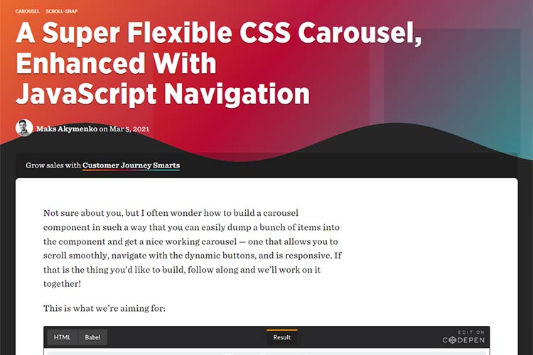 Example from A Super Flexible CSS Carousel, Enhanced With JavaScript Navigation