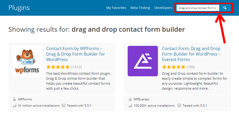 Search Contact Form Plugin in WordPress Plugin Repository