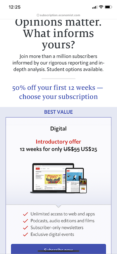 the economist landing page offers 50% off on first 12 weeks