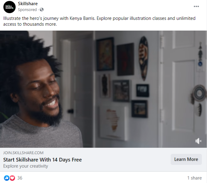 Skillshare's facebook ad offers 14 days of free trial