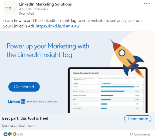 promoted linkedin marketing solutions post promoting free insight tag tool