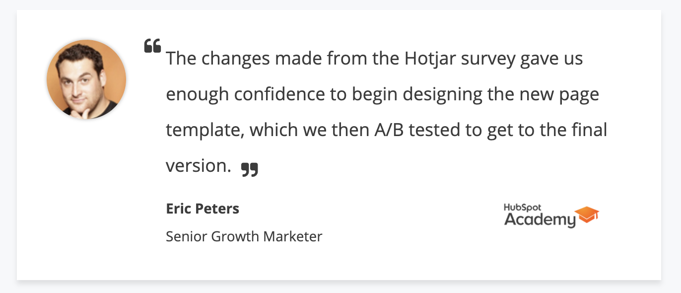 Screenshot of a pull quote from HubSpot's Senior Growth Manager that appears on Hotjar's testimonial page.