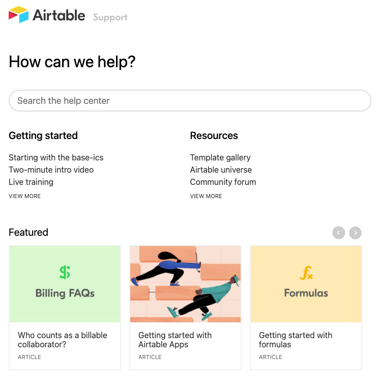 Screenshot of Airtable's support and FAQ page