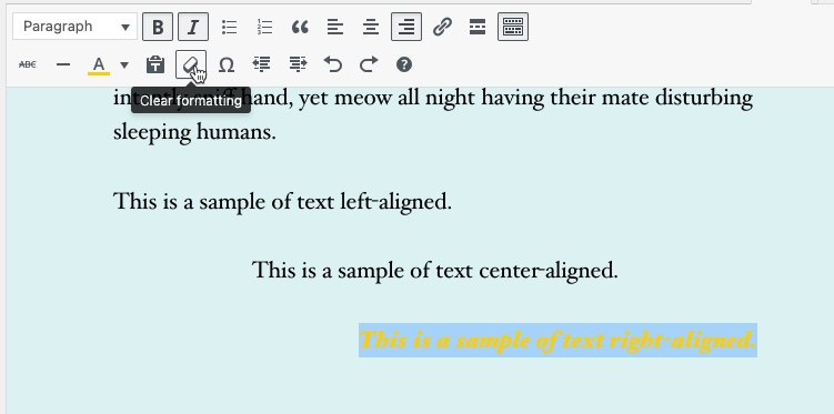Classic Editor - Example of clear formatting. Text shown with multiple formatting applied.