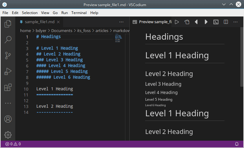 Markdown headings and subheadings