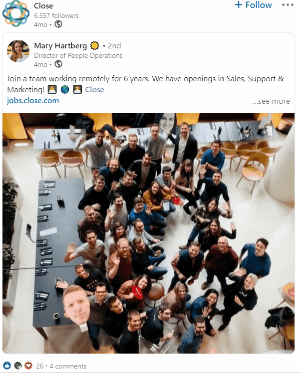 The company Close shares on LinkedIn an example of employee advocacy. They reshared one of their employee's posts about working at the company.