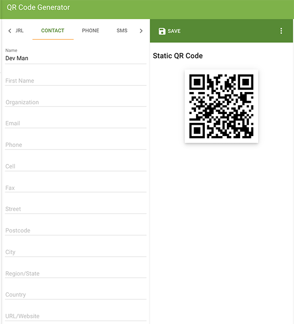 Example of a contact form you can create for a QR code.