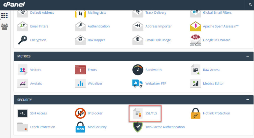 Select the SSL/TLS icon in cPanel