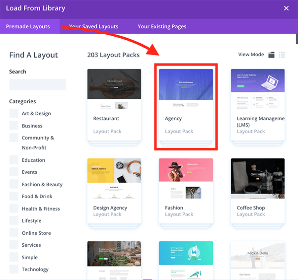 Where the agency layout pack is in divi.