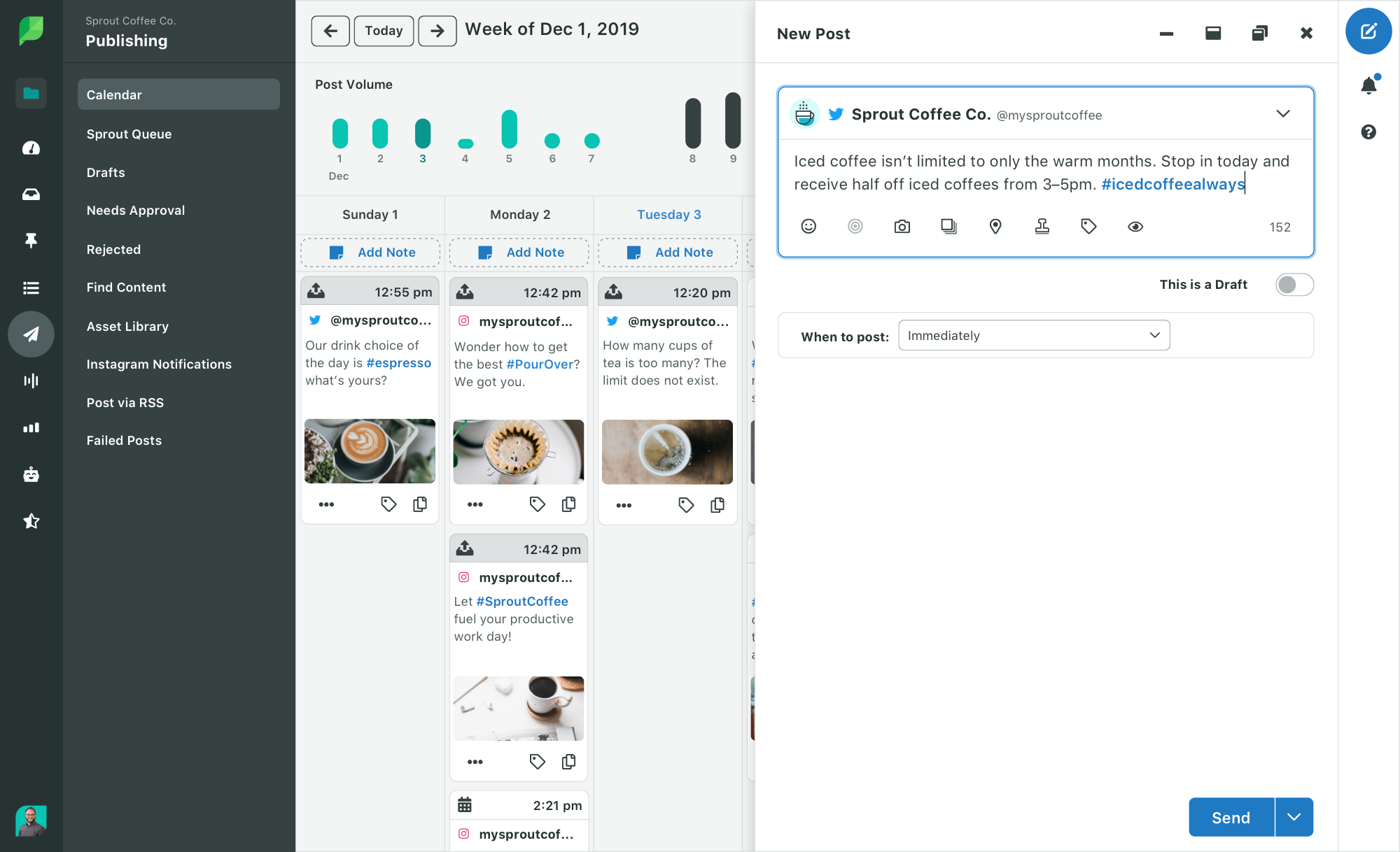 Screenshot of Sprout Social dashboard and how you can compose a new post or Tweet.
