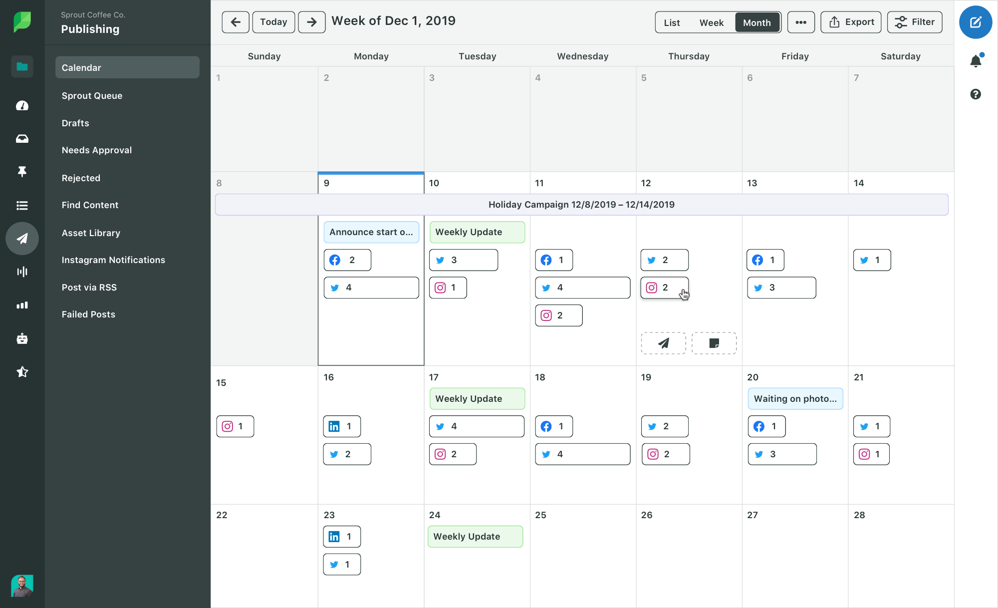Screenshot of the Sprout Social publishing calendar monthly view