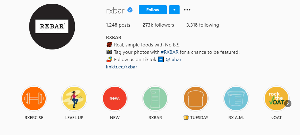 RXBar's instagram highlights a variety of content, including different uses of Stories