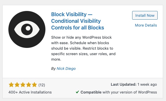 Block Visibility plugin as it appears in the WordPress Plugin Directory