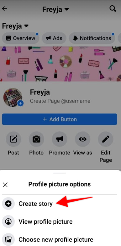Arrow pointing to the "create story" button for a Facebook Page