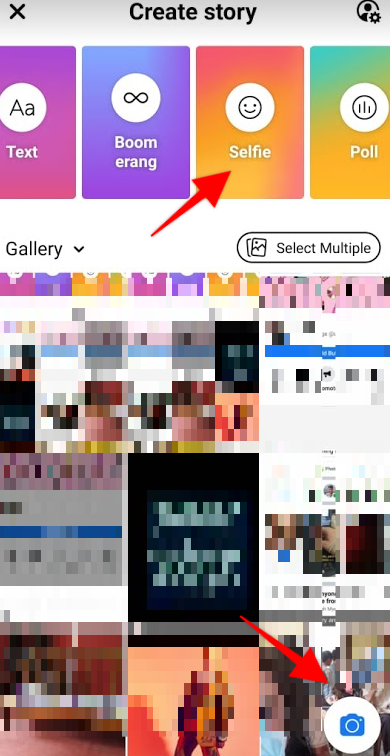 Arrows pointing to the "camera" option in the bottom right corner to open your phone's camera for facebook stories and another pointing to the card labeled "Selfies" at the top of the screen.