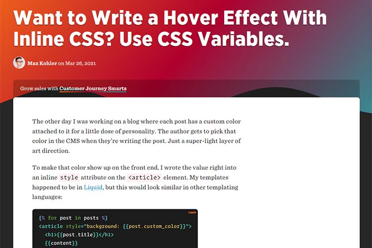 Example from Want to Write a Hover Effect With Inline CSS? Use CSS Variables.