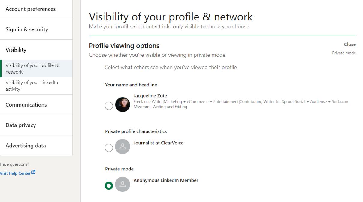 LinkedIn settings with profile viewing options