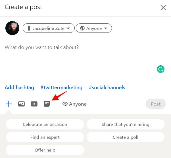LinkedIn 'create post' window with arrow pointing to the document icon