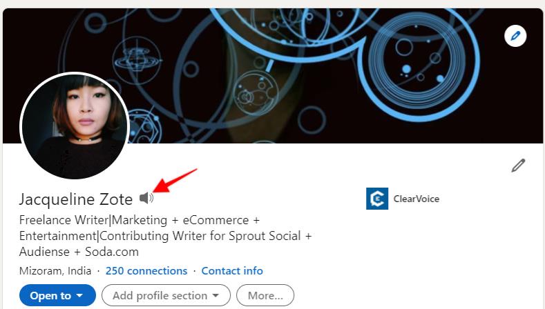 LinkedIn profile with arrow pointing to the "audio" icon