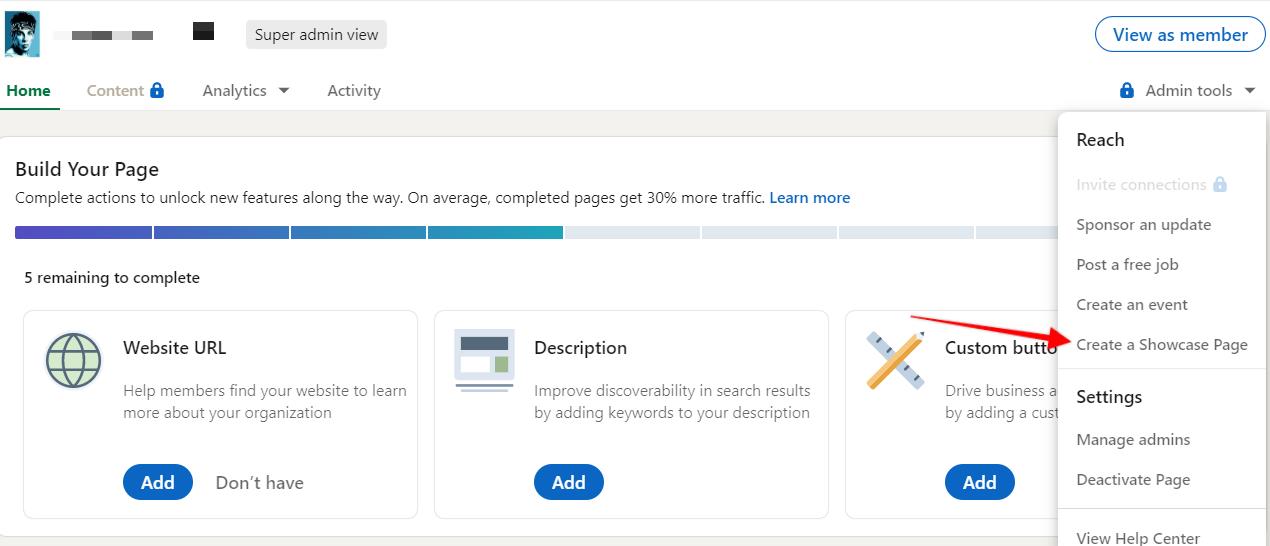admin tools dropdown menu for LinkedIn page with arrow pointing to "create a showcase page" button